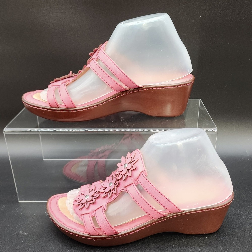 Born 8 Pink Leather Floral Wedge Sandals Boho Cottagecore Comfort Summer Slides